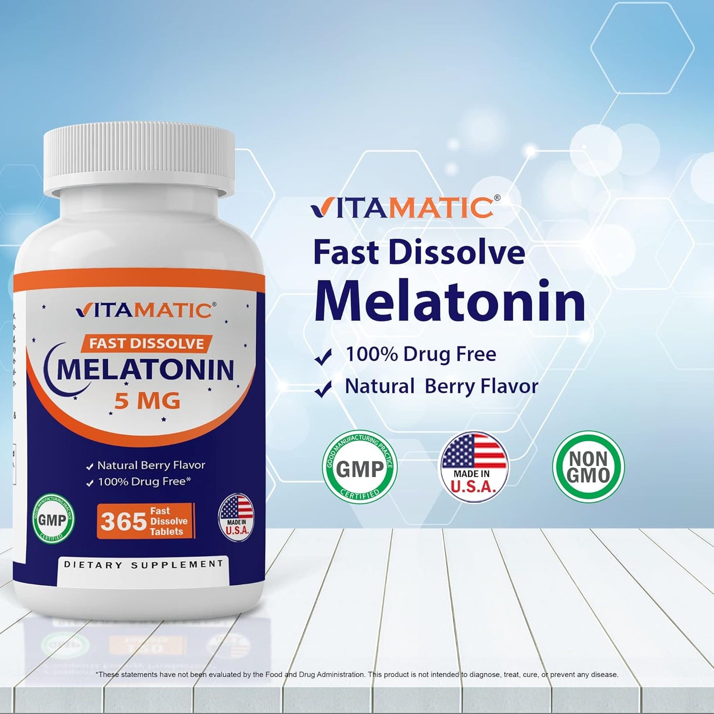 Vitamatic Melatonin 5 mg Tablets -Natural Berry Flavor - 365 Tablets