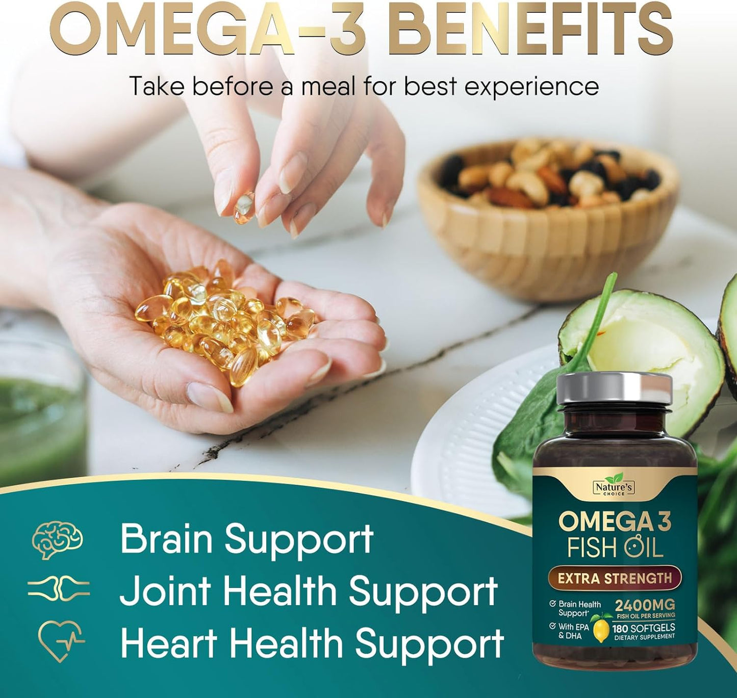 Triple Strength Omega 3 Fish Oil 2400 mg Softgels,Nature's Omega-3 Supplements -180 count