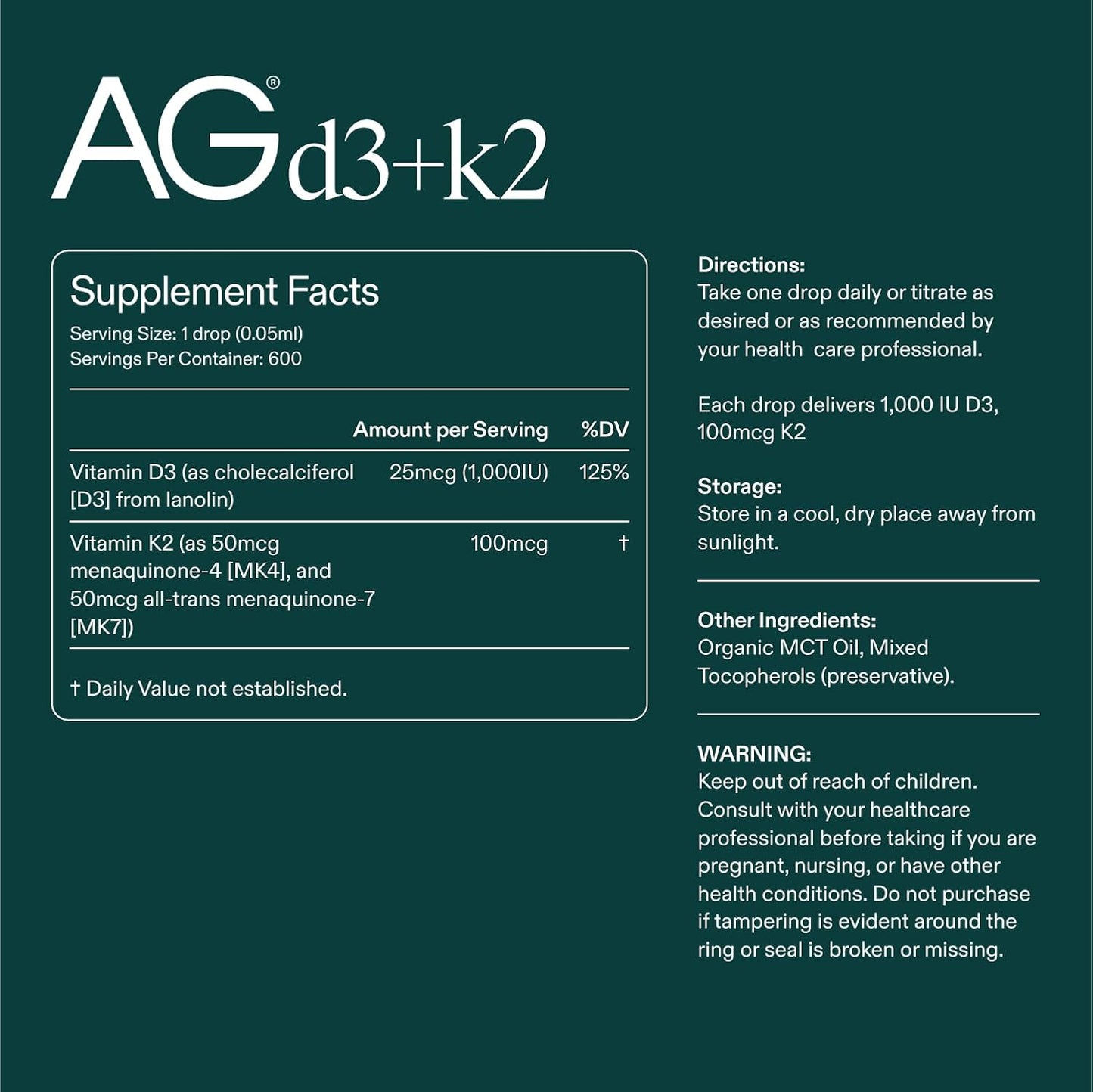 AG1 Vitamin D3 K2 Drops, 1000IU of Vitamin D3 and 100mcg  - 1 fl oz