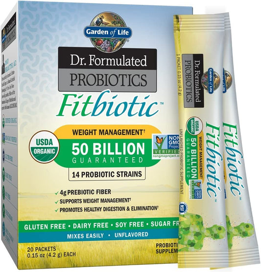 Garden of Life Dr. Formulated Probiotics Fitbiotic Weight Management Powder 50 Billion CFU  3 Oz, Pack of 20