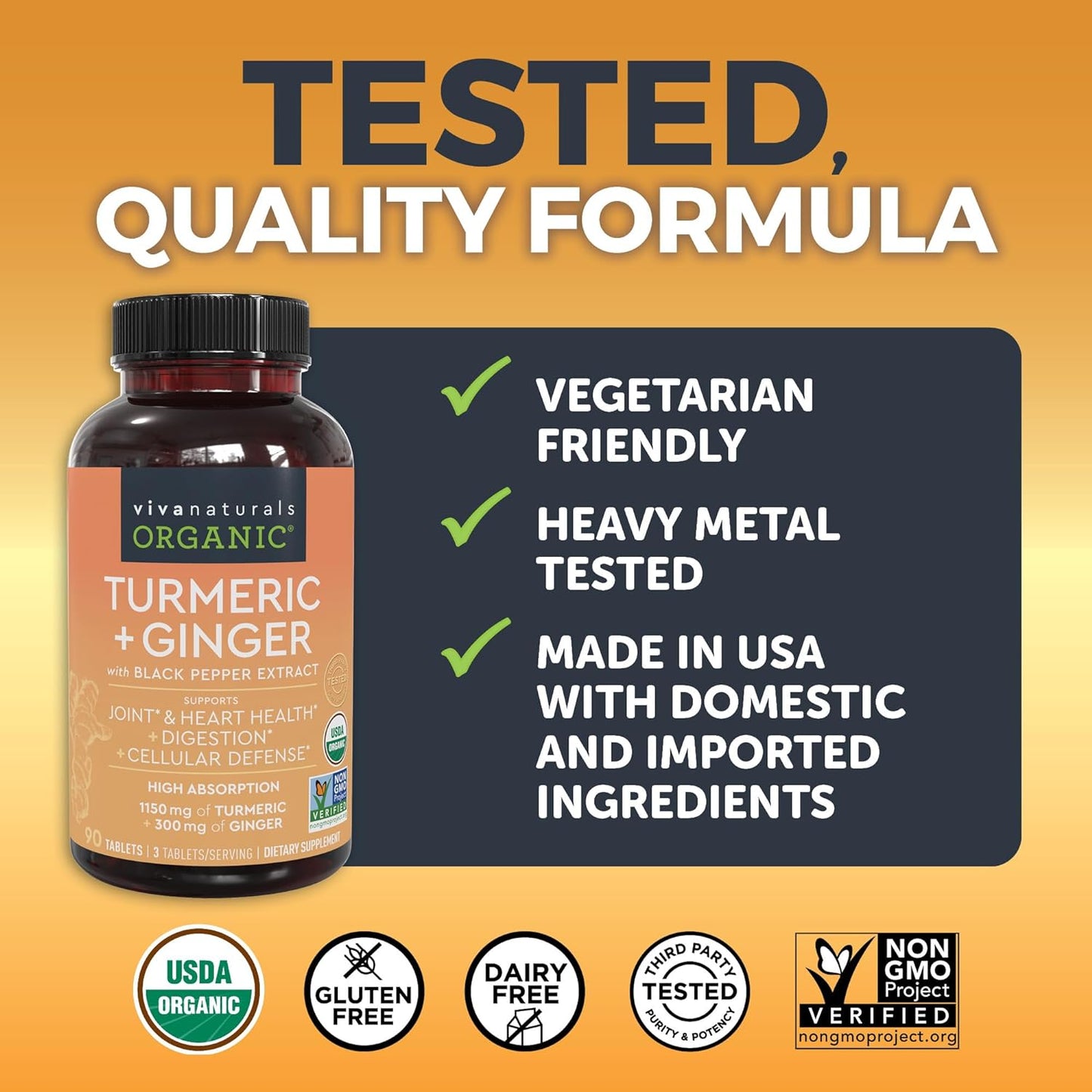 Organic Turmeric and Ginger Supplement for Joint Support & Heart Health 90 count