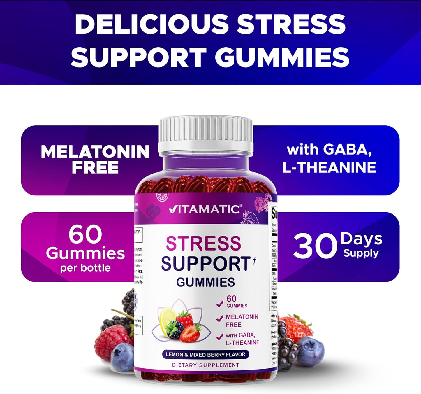 Vitamatic Stress Relief Gummies– Lemon & Mixed Berry Flavor – 60 Gummies