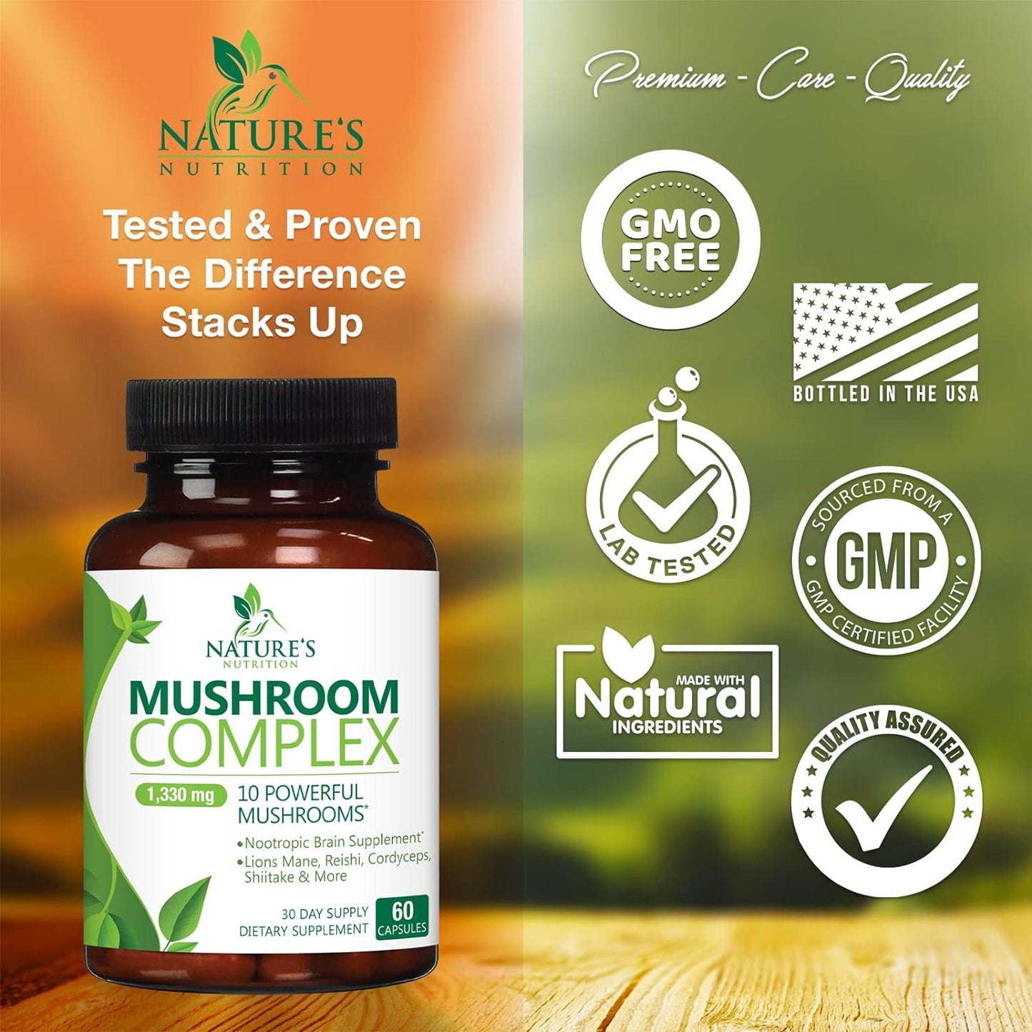 Mushroom Supplement - 10 Mushroom Complex Blend  - 60 Count