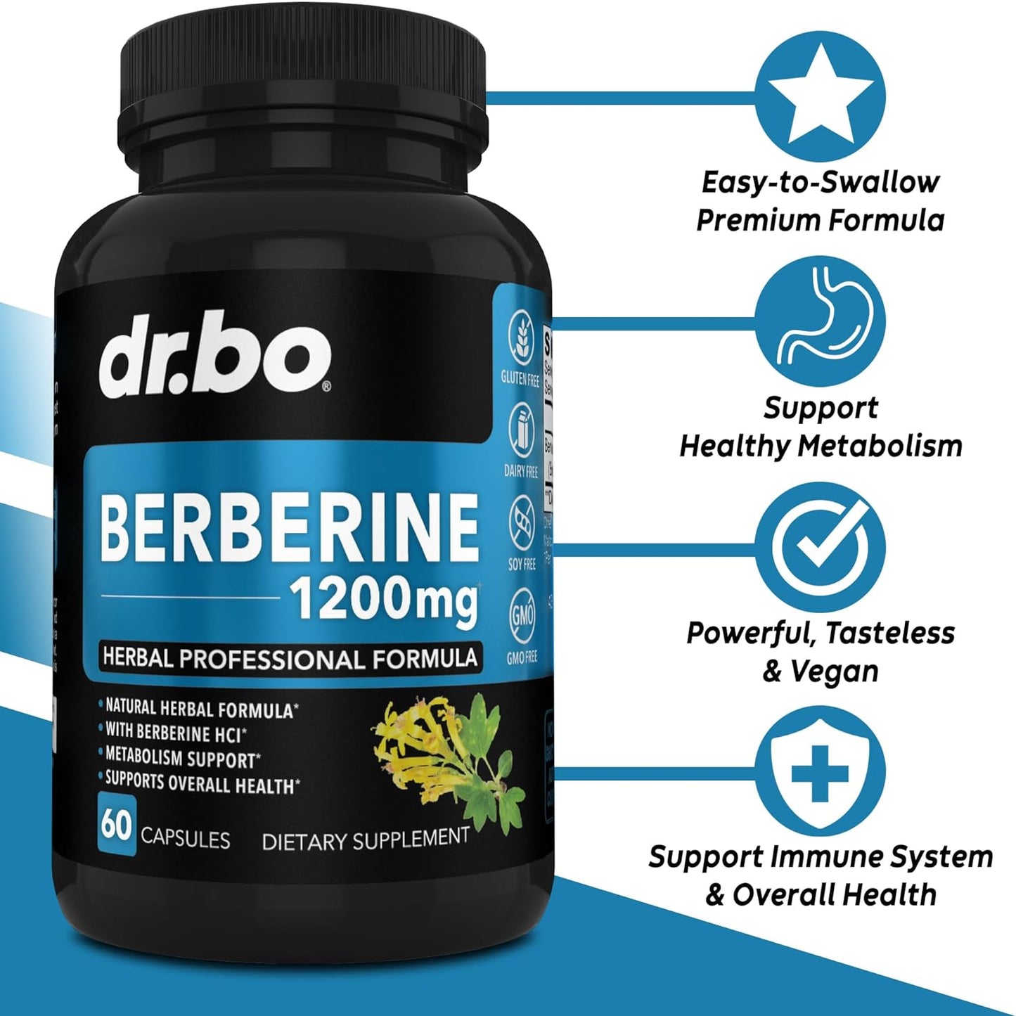 Berberine Supplement Capsules - 1200mg Berberine HCL Supplement 60 count