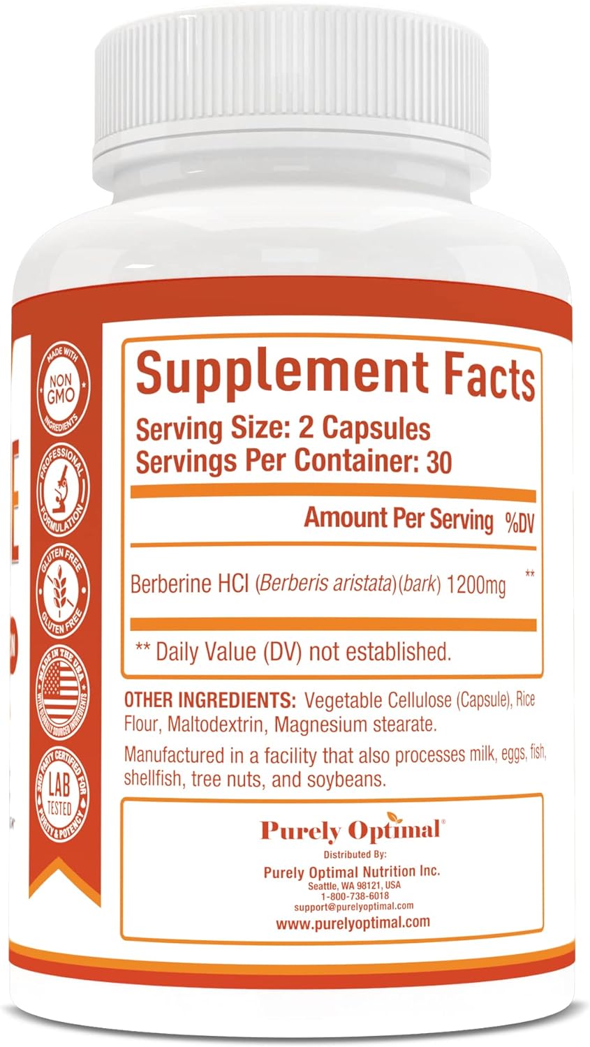 Purely Optimal Premium Berberine 1200mg  Supplement - 60 capsules