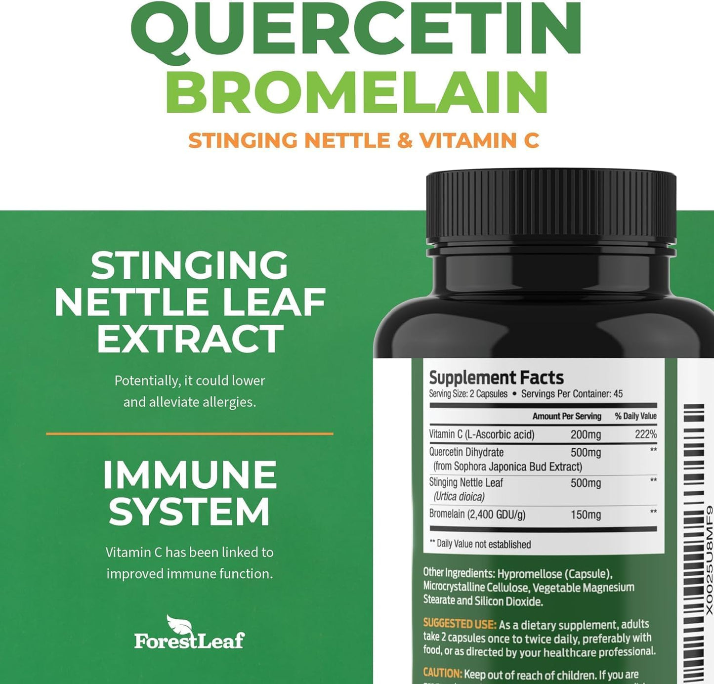 ForestLeaf - Quercetin 500mg - Quercetin with Bromelain, Vitamin C  - 90 Capsules