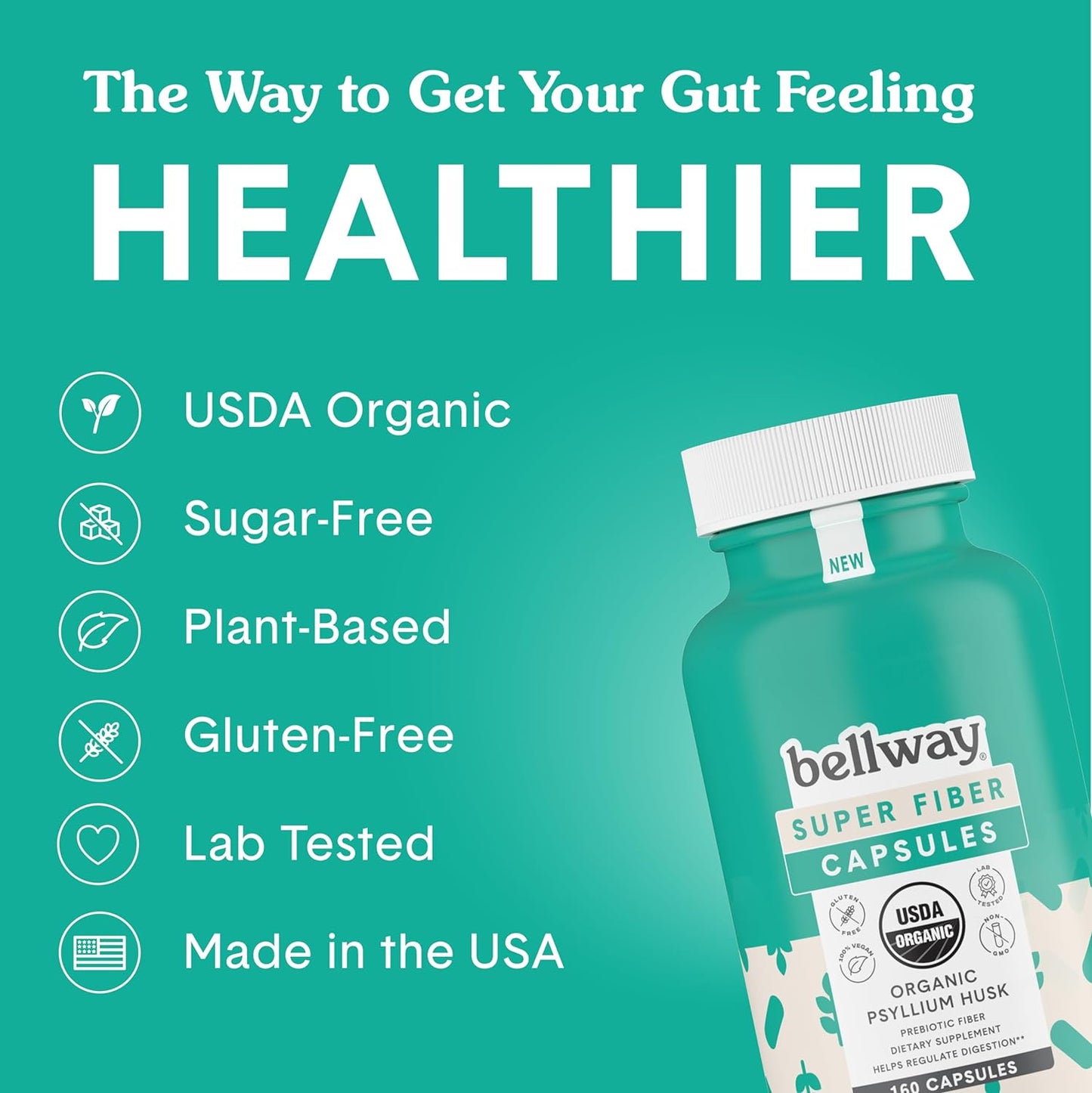 Bellway Super Fiber Capsules - USDA Organic Psyllium Husk  160 Capsules