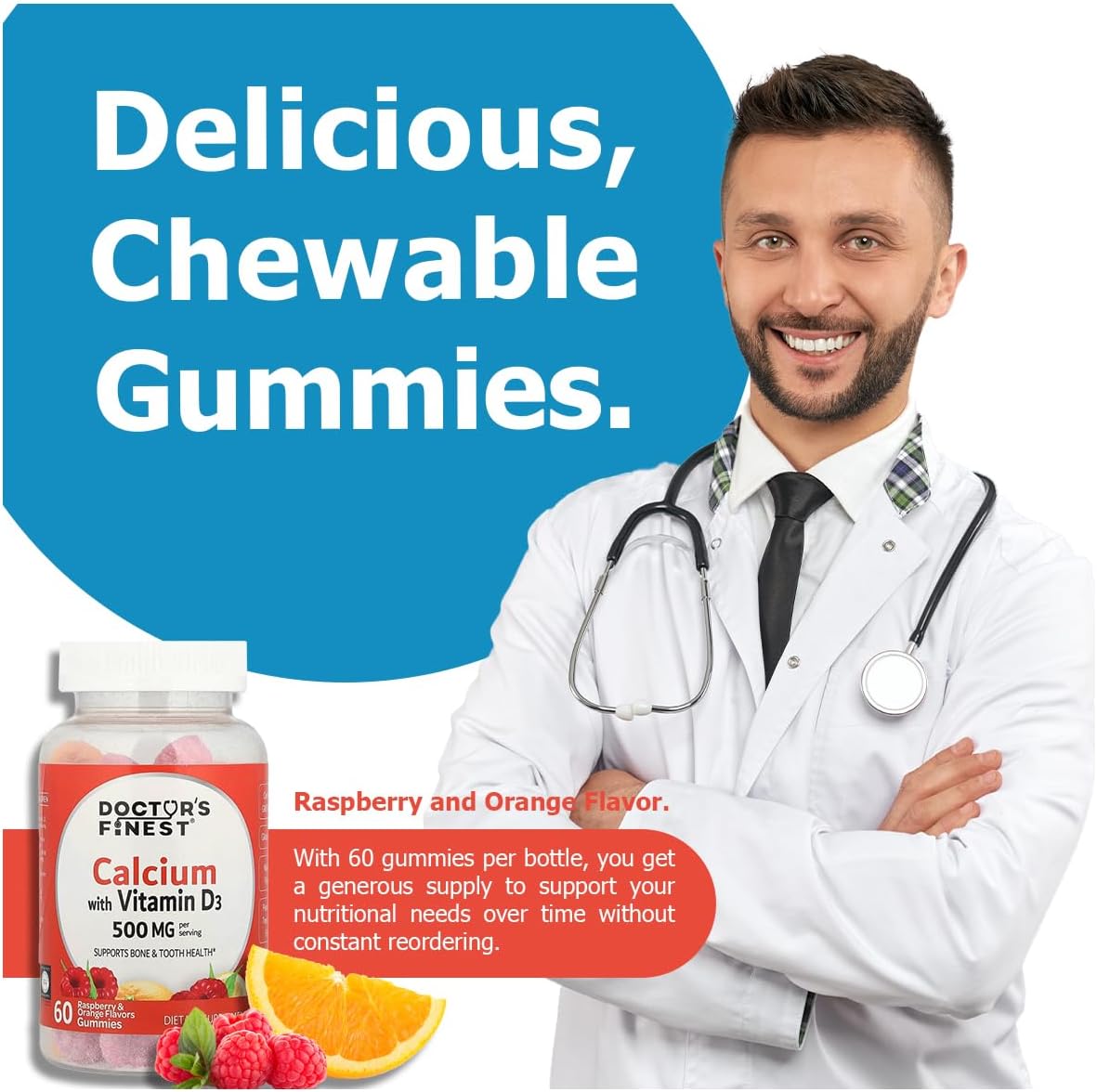 Doctor's Finest Calcium with Vitamin D3, Orange and Berry, 500 mg - 60 Gummies