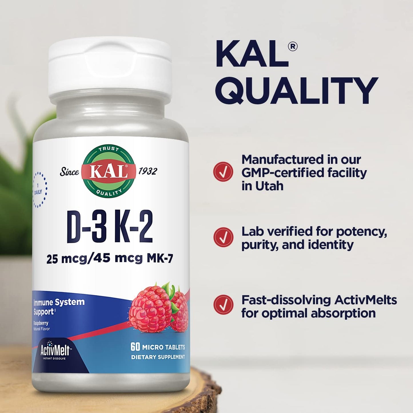 KAL Vitamin D3 K2 ActivMelt, Bone Health, Heart and Immune Support 60 count
