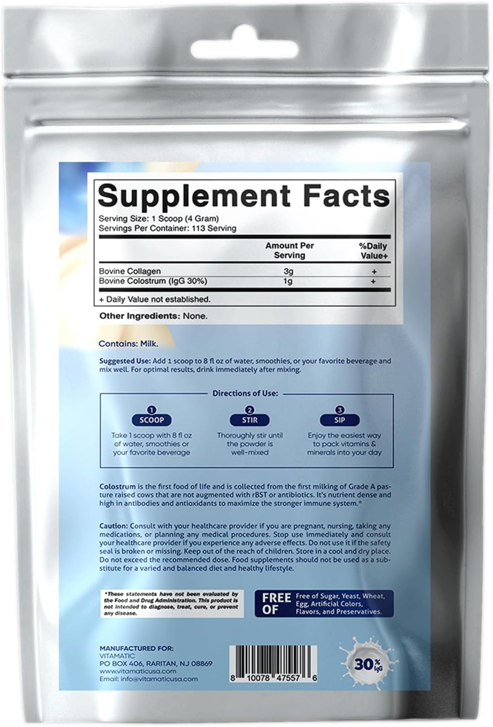 Vitamatic Bovine Colostrum + Collagen Powder -16 oz