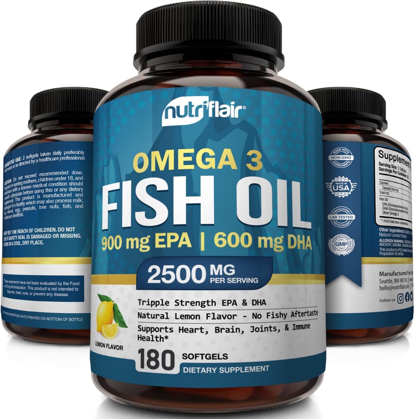 NutriFlair Burpless Omega-3 Fish Oil Supplement 180 softgels