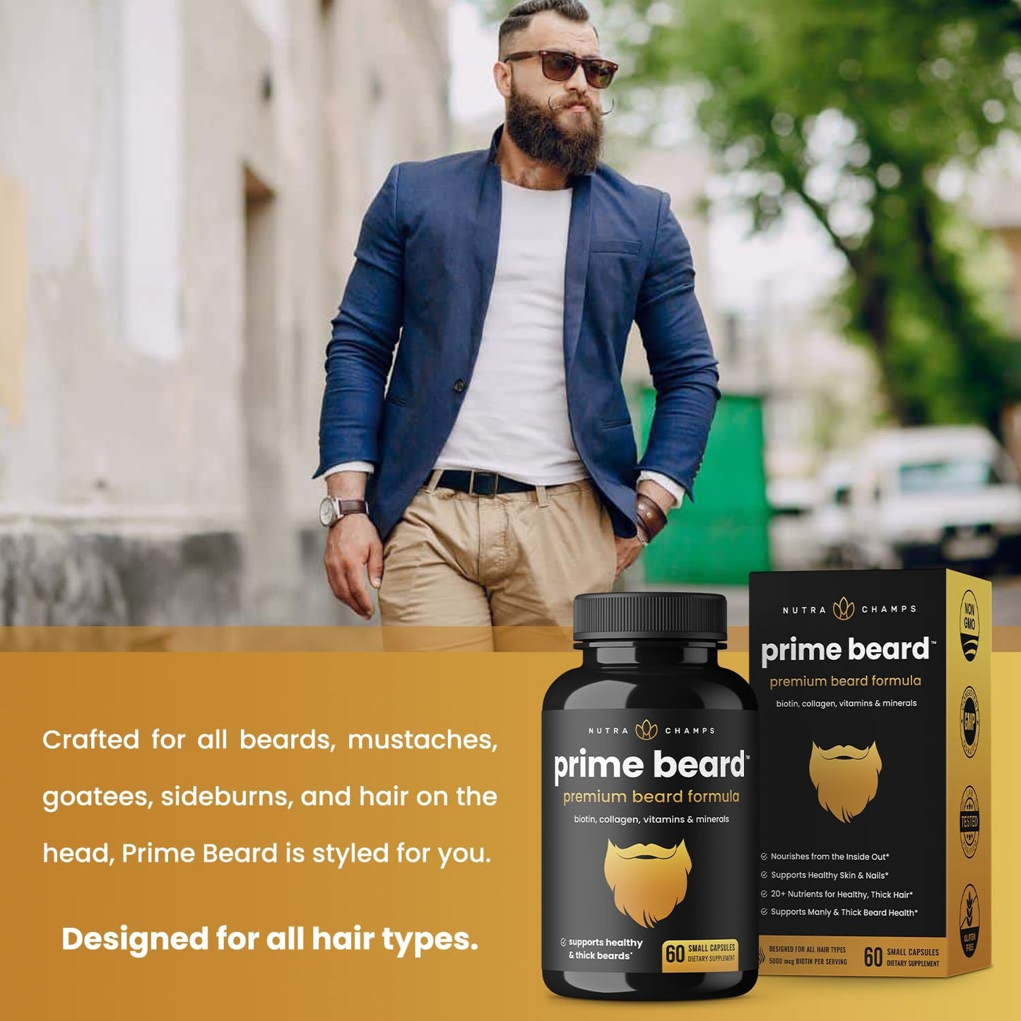 NutraChamps Prime Beard Vitamins | Manly, Thick, Fast & Healthy Facial Hair for Men 60 count