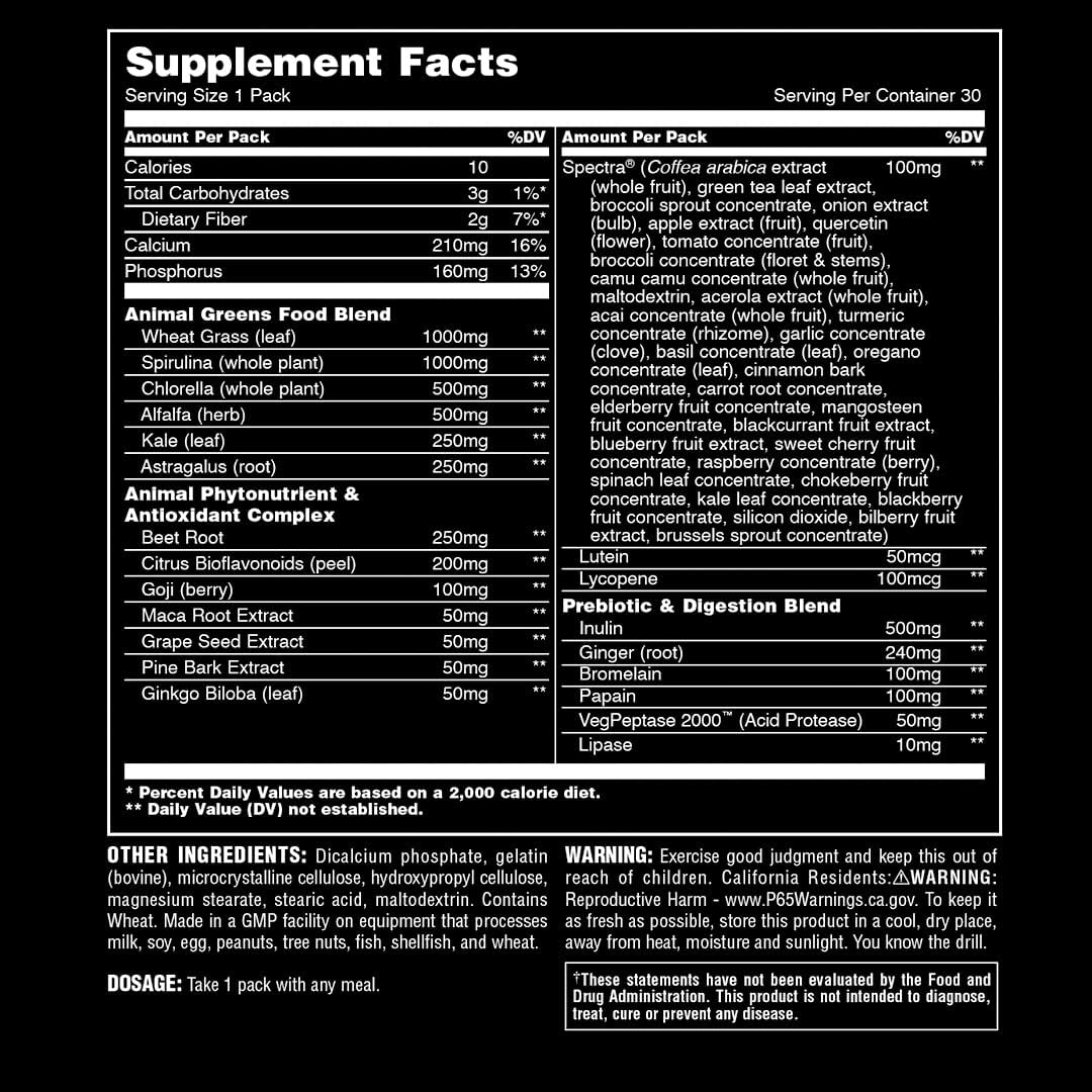 Animal Greens Pak - Chlorophyll, Spectra, Superfood Whole Food Prebiotic- 30 count