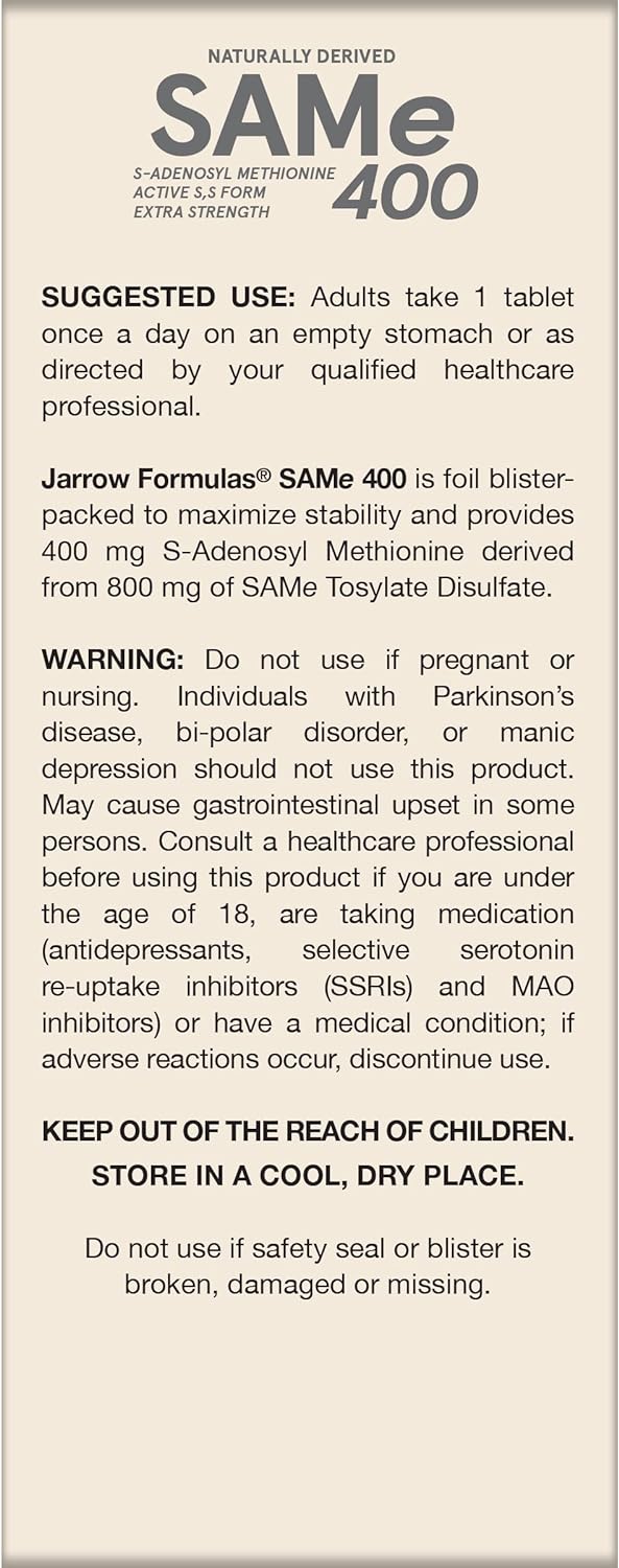 Jarrow Formulas SAMe 400 mg Extra Strength Vegan Naturally Derived SAMe 60 Tablets