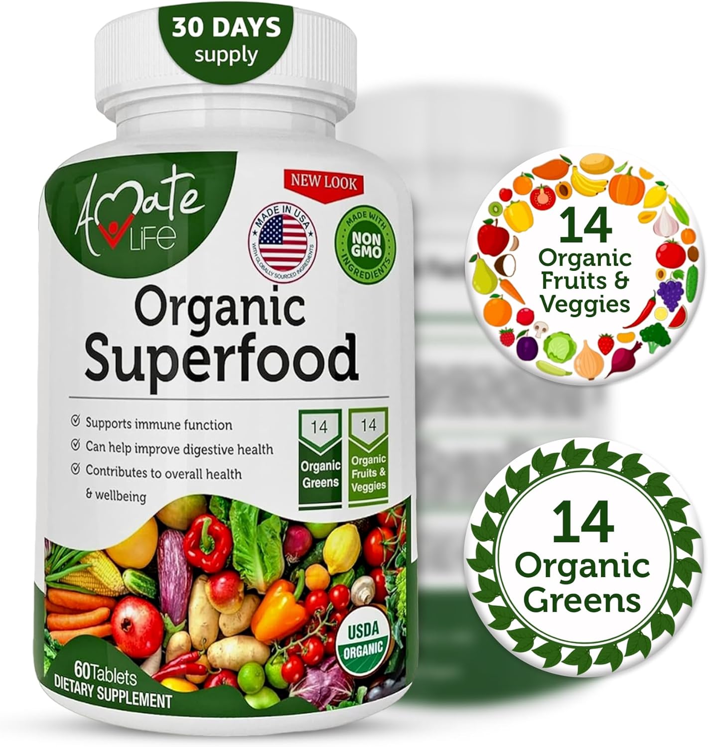Organic Superfood Greens Fruits and Veggies Complex  60 Tablets