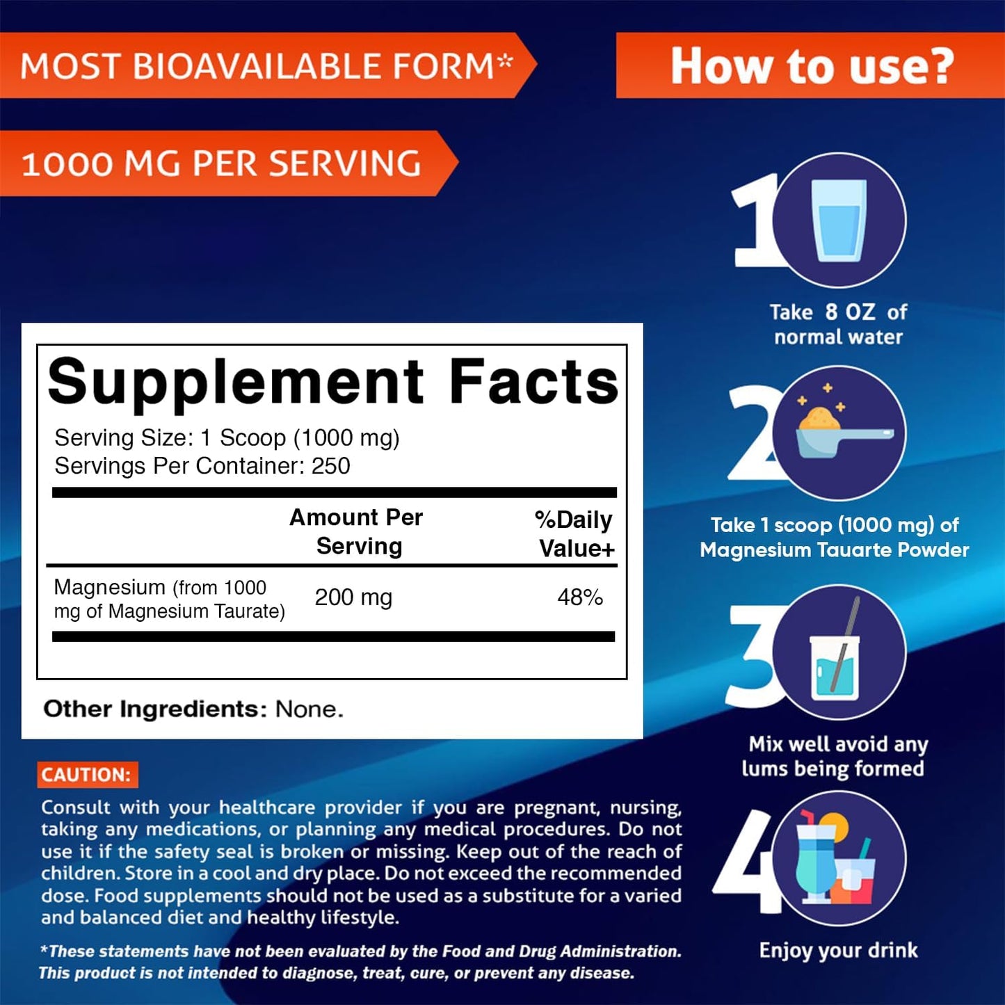 Vitamatic Magnesium Taurate Powder  1000mg - 8.8 oz