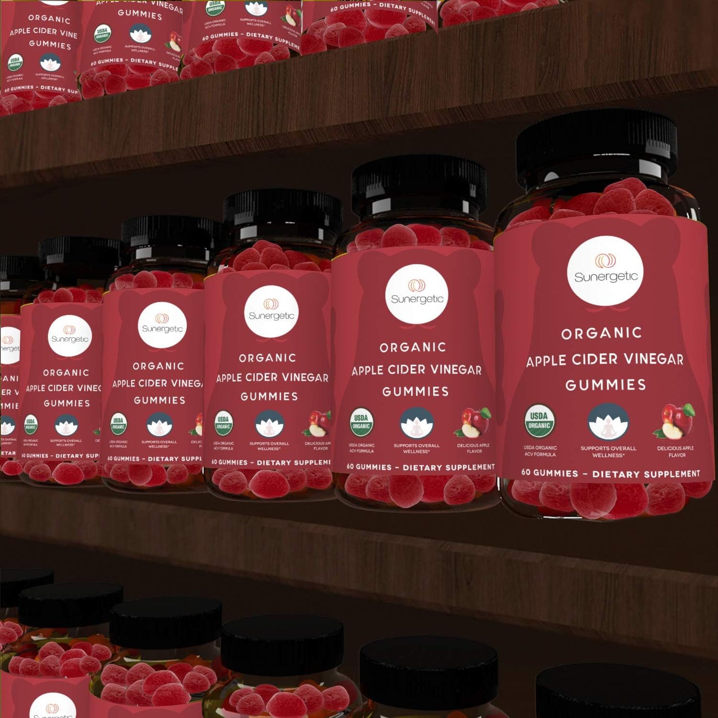 Sunergetic USDA Organic Apple Cider Vinegar Gummies with The Mother -60 gummies
