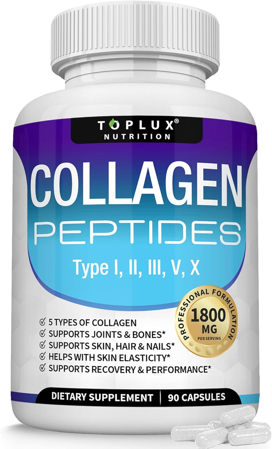 Toplux Multi Collagen Peptides Pills Complex Type I, II, III, V, X  90 Capsules