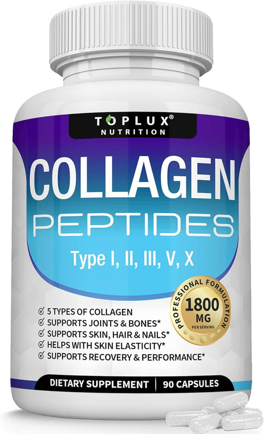 Toplux Multi Collagen Peptides Pills Complex Type I, II, III, V, X  90 Capsules