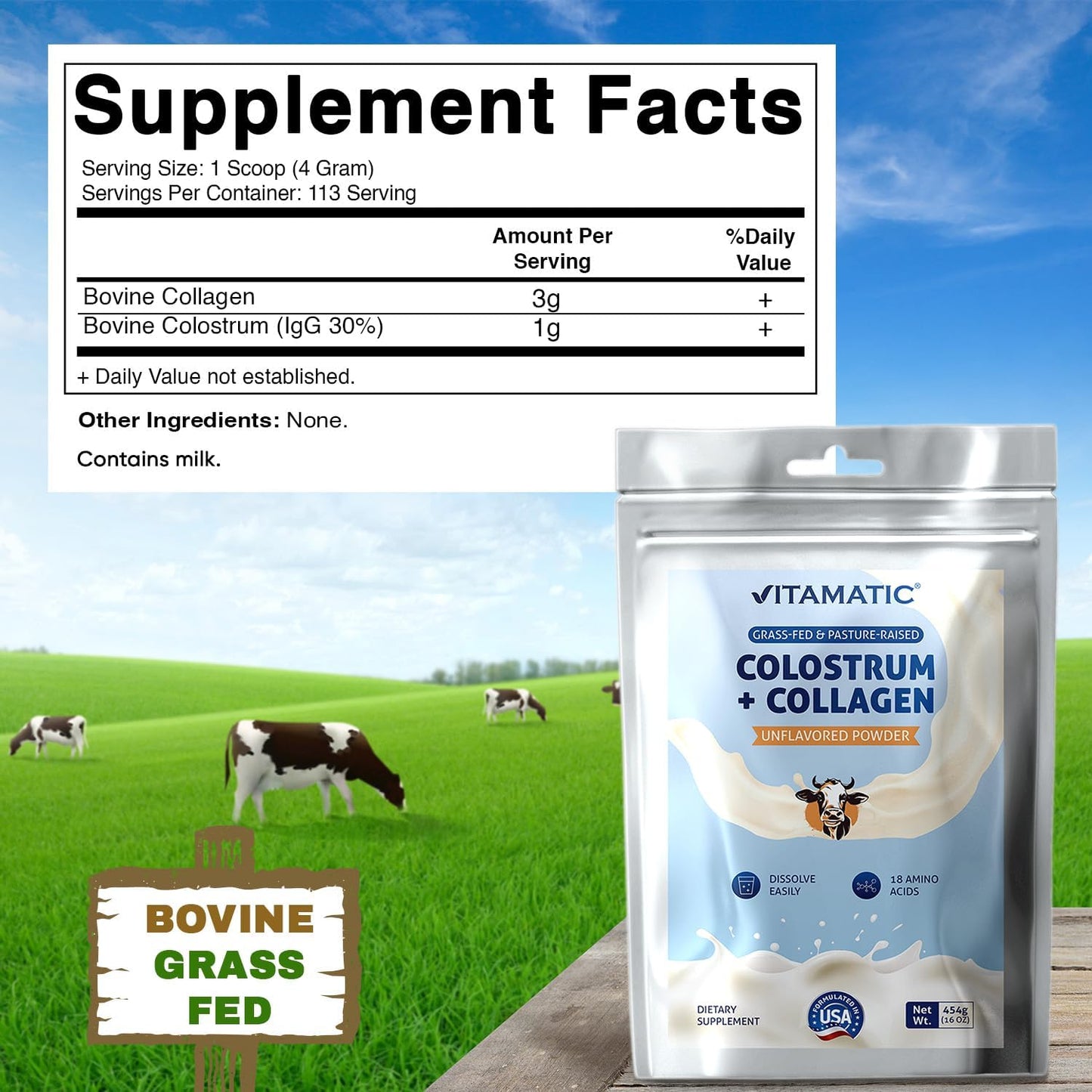 Vitamatic Bovine Colostrum + Collagen Powder -16 oz