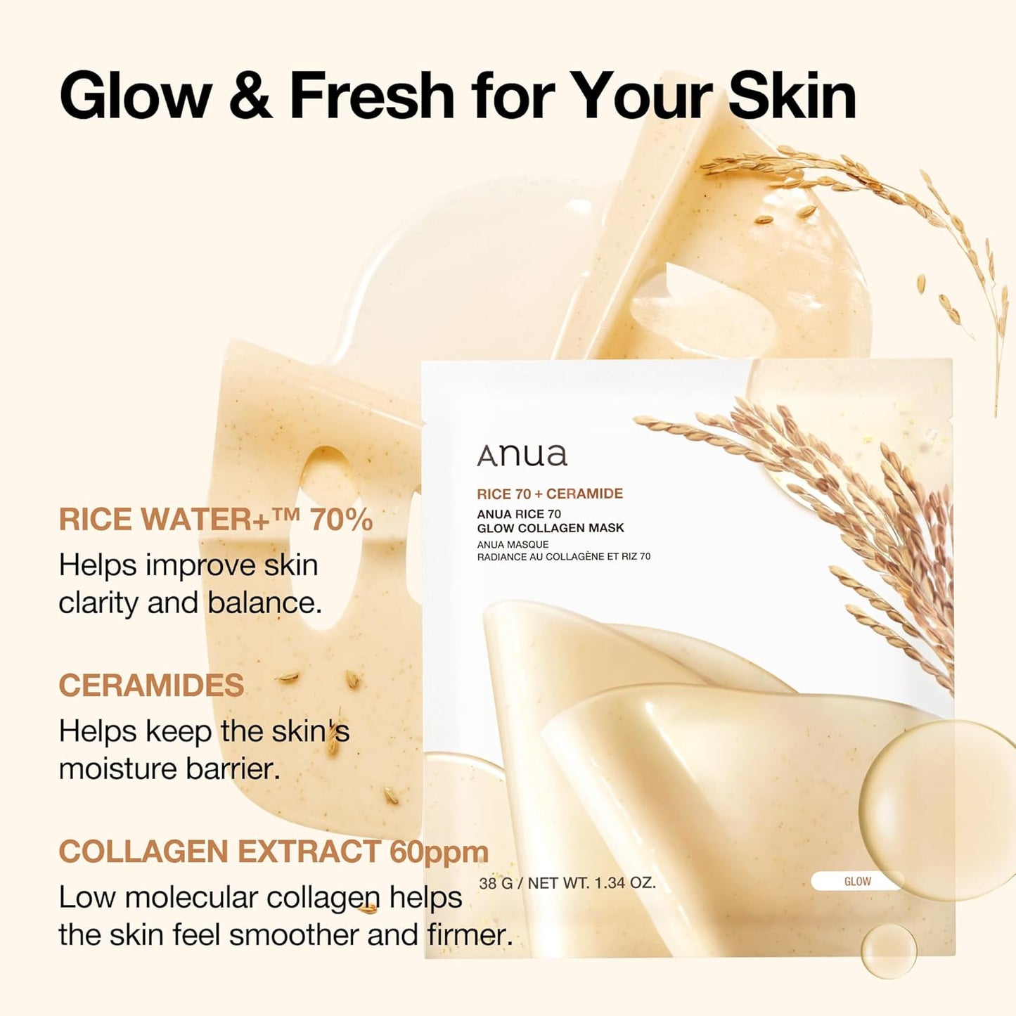 ANUA Rice 70 Glow Collagen Mask  - 4ea