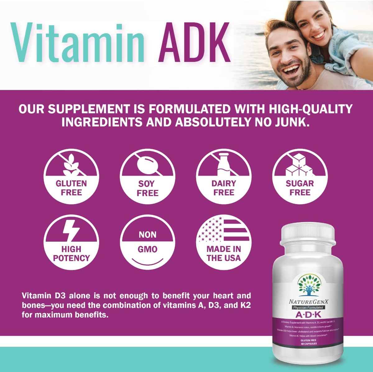 ADK Vitamin Supplement 5000 IU - High Potency Vitamins A, D3, and K2 - 60 Capsules