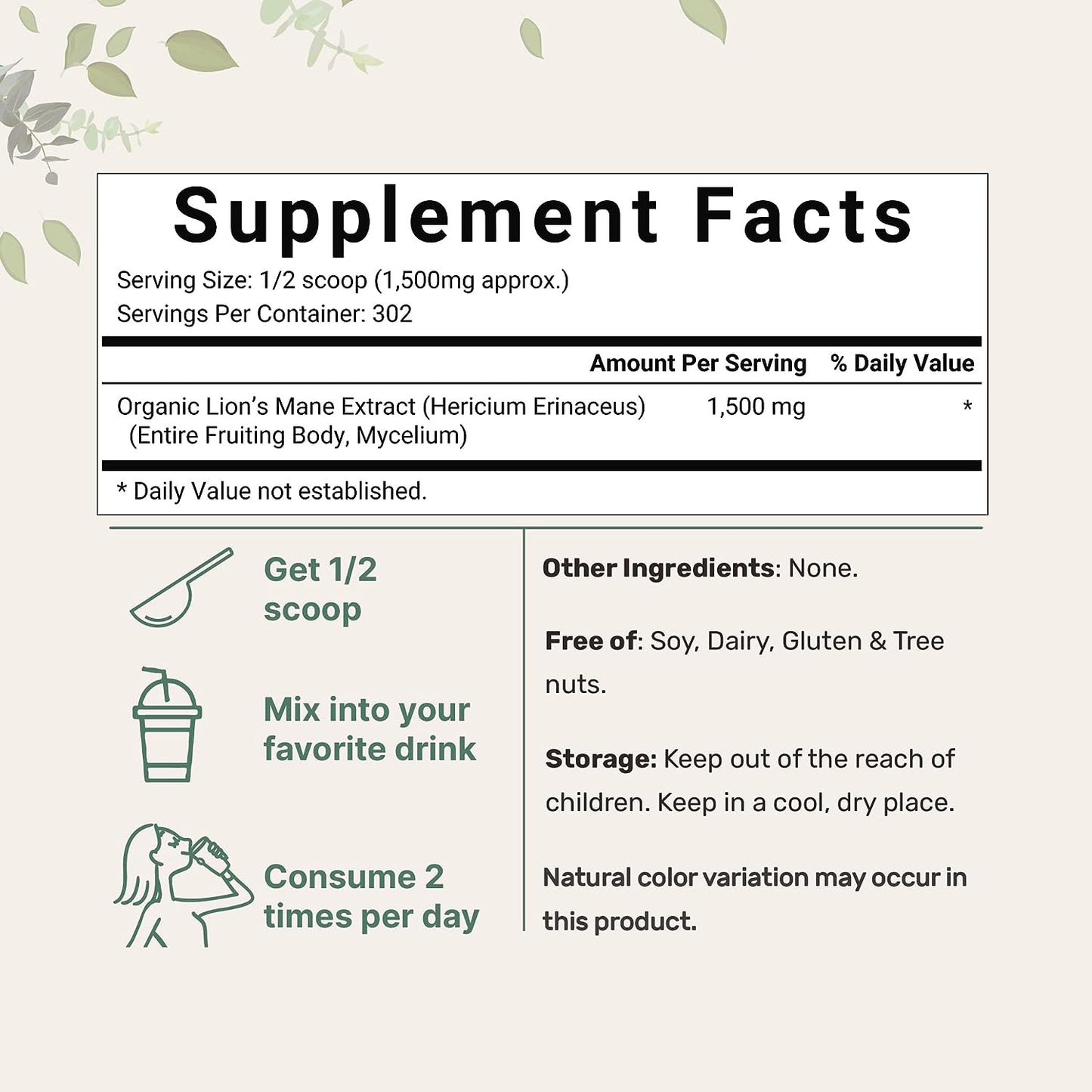 Micro Ingredients Organic Lions Mane Mushroom Supplement Powder 16 Ounce