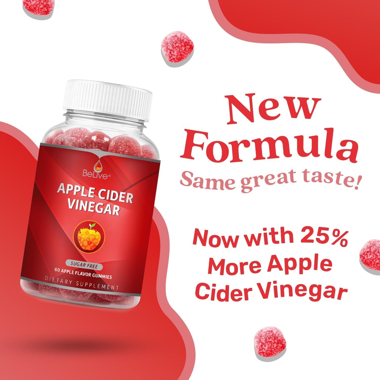BeLive Apple Cider Vinegar Gummies - AVC Without Sugar  60 Count