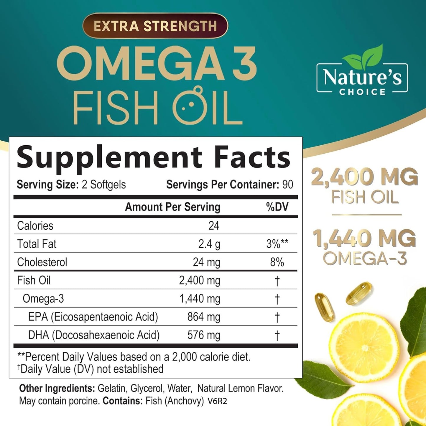 Triple Strength Omega 3 Fish Oil 2400 mg Softgels,Nature's Omega-3 Supplements -180 count