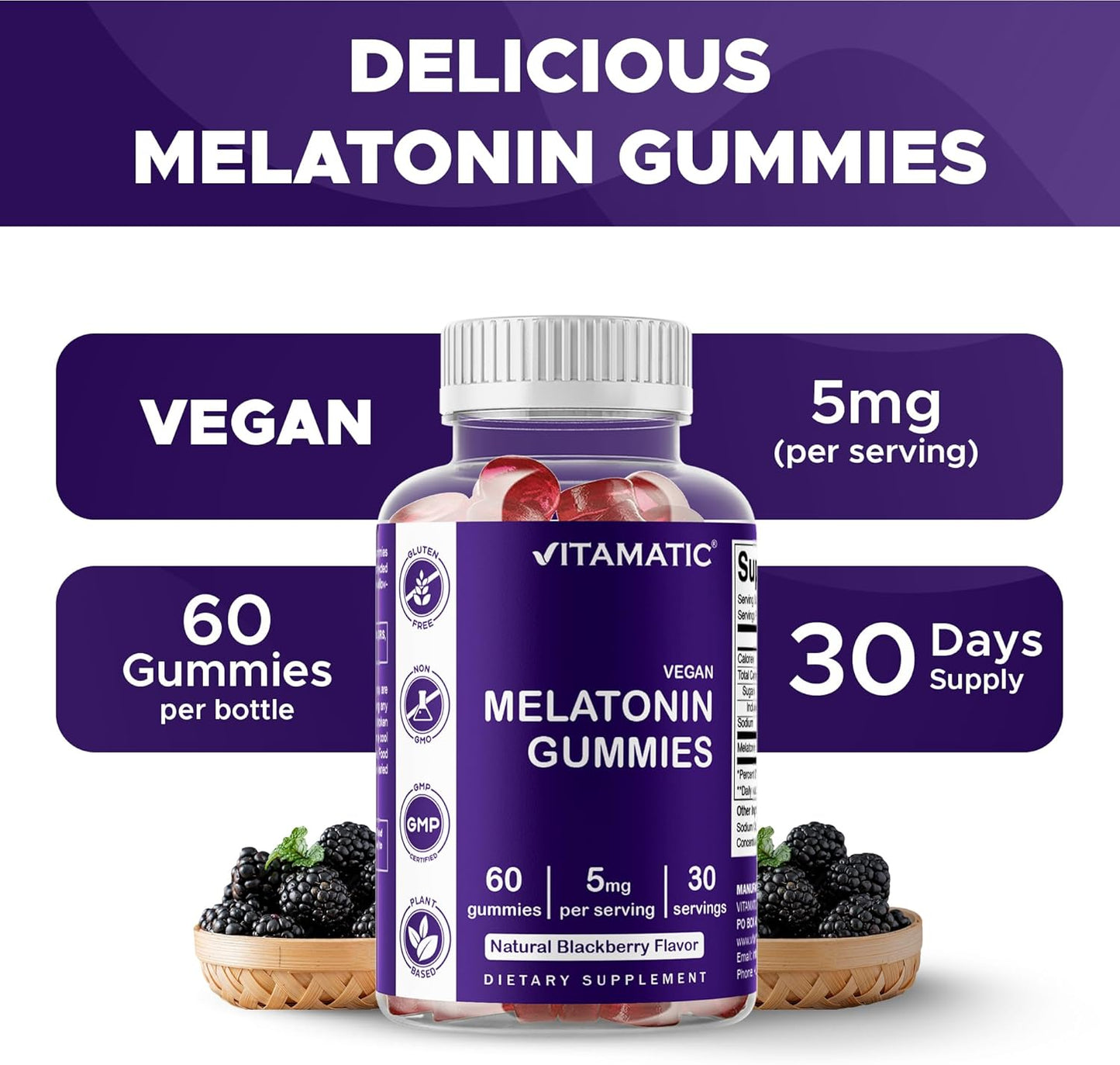 Vitamatic Melatonin Gummies for Kids & Adults - 60 Vegan Gummies