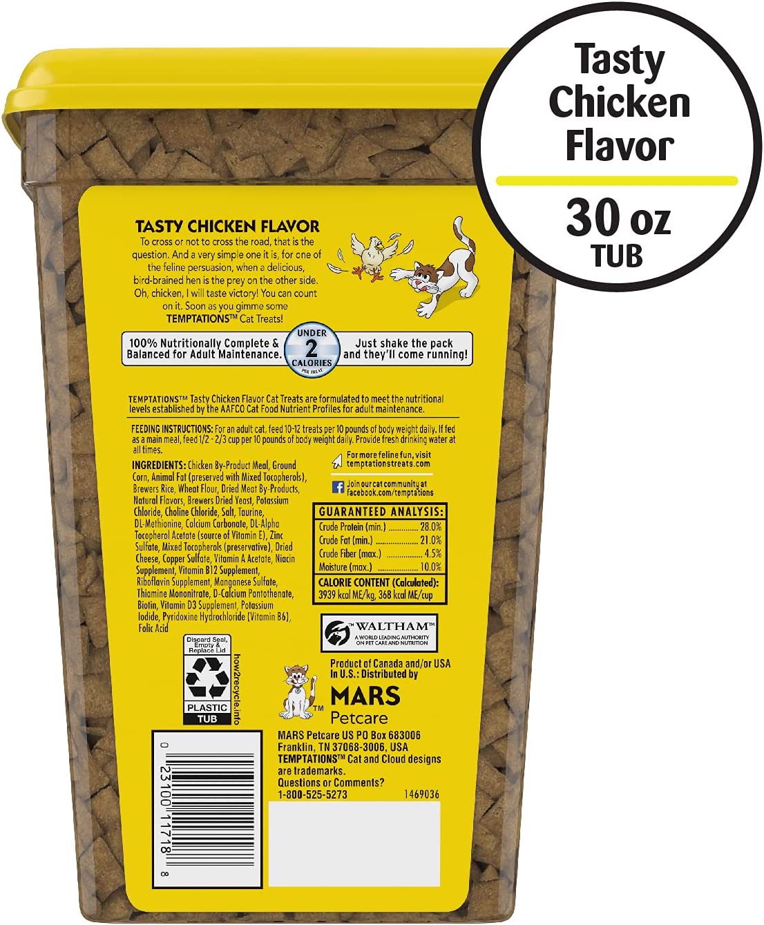 TEMPTATIONS Classic Crunchy and Soft Cat Treats Tasty Chicken Flavor, 30 oz. Tub