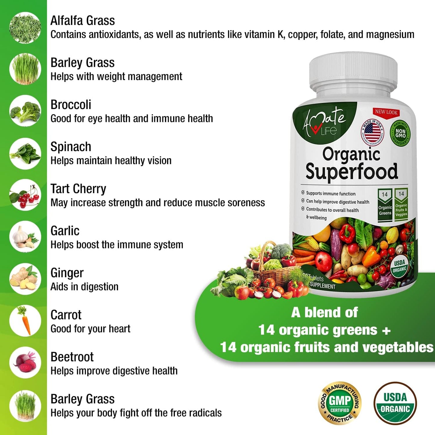 Organic Superfood Greens Fruits and Veggies Complex  60 Tablets