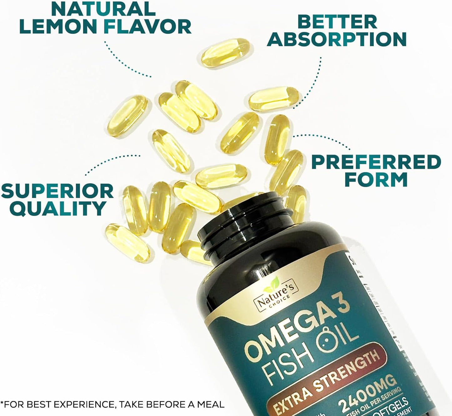 Triple Strength Omega 3 Fish Oil 2400 mg Softgels,Nature's Omega-3 Supplements -180 count