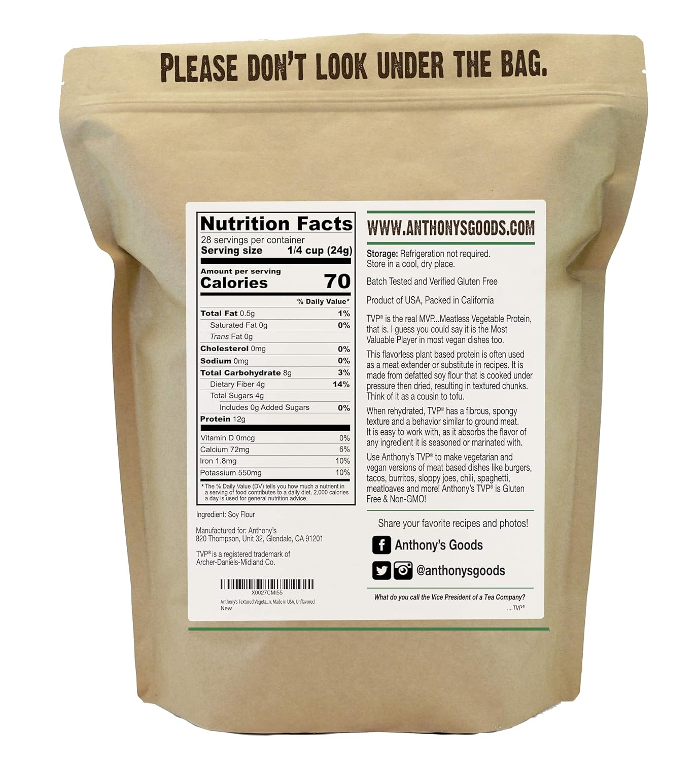 Anthony's Textured Vegetable Protein, TVP, 1.5 lb