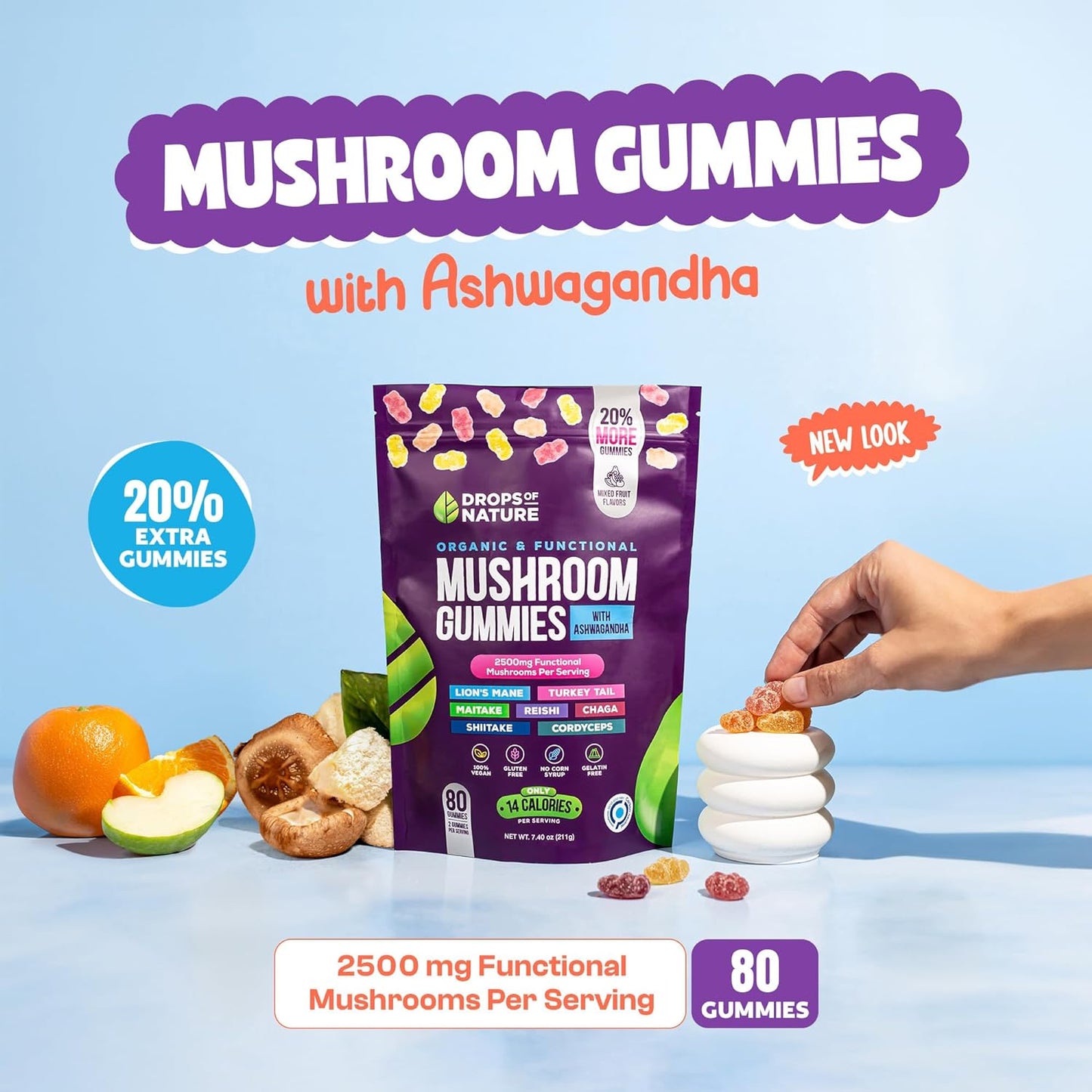 Ashwagandha & Lion's Mane, 80 Organic Mushroom Gummies