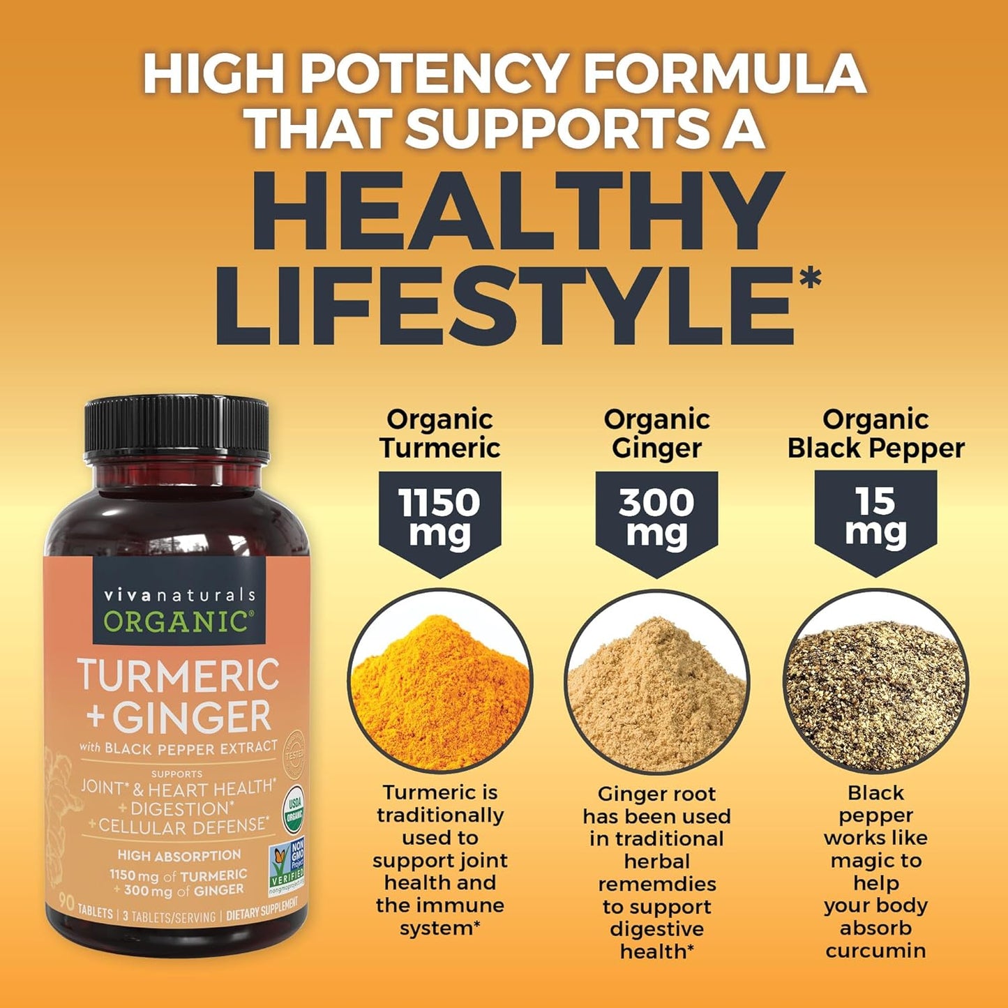 Organic Turmeric and Ginger Supplement for Joint Support & Heart Health 90 count