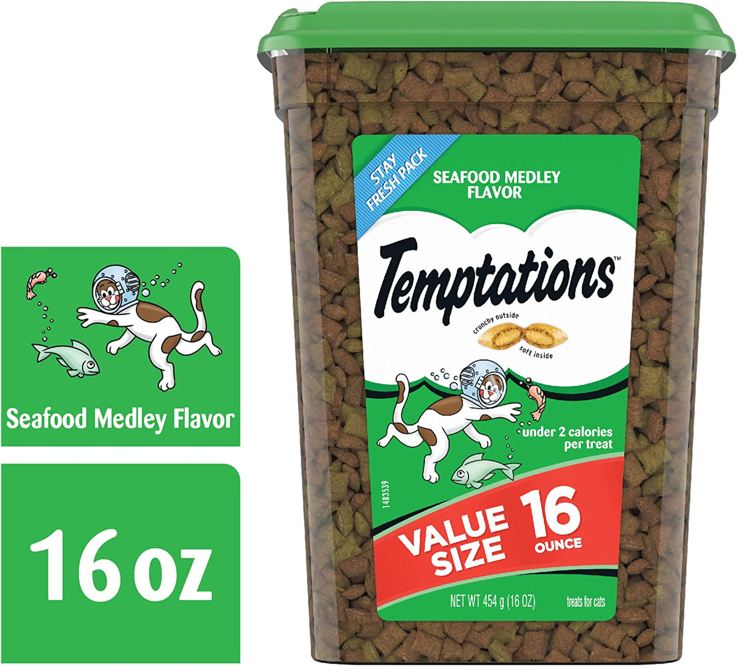 TEMPTATIONS Classic Crunchy and Soft Cat Treats Seafood Medley Flavor, 16 oz. Tub