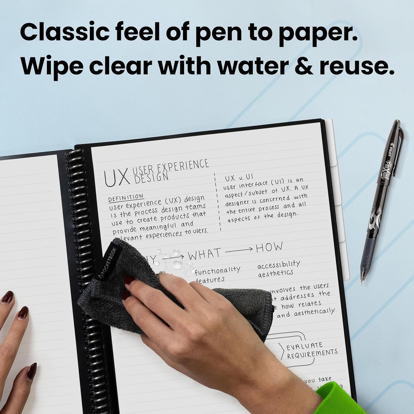 Rocketbook Multi-Subject Reusable Smart Notebook Lined, 8.5” x 11”, 70 PG, Black, with Pen, Cloth, and App Included