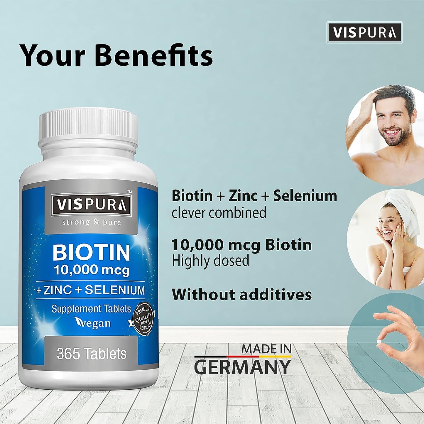 Biotin 10000 mcg + Zinc + Selenium, Pure, Vegan & Extra Strong -365 tablets