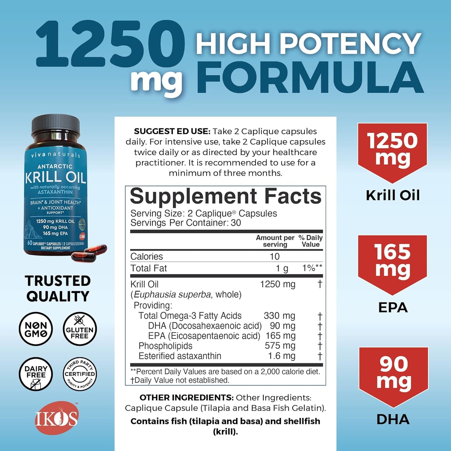 Antarctic Krill Oil Omega 3 Fatty Acid Supplements 1250 mg, 60 count
