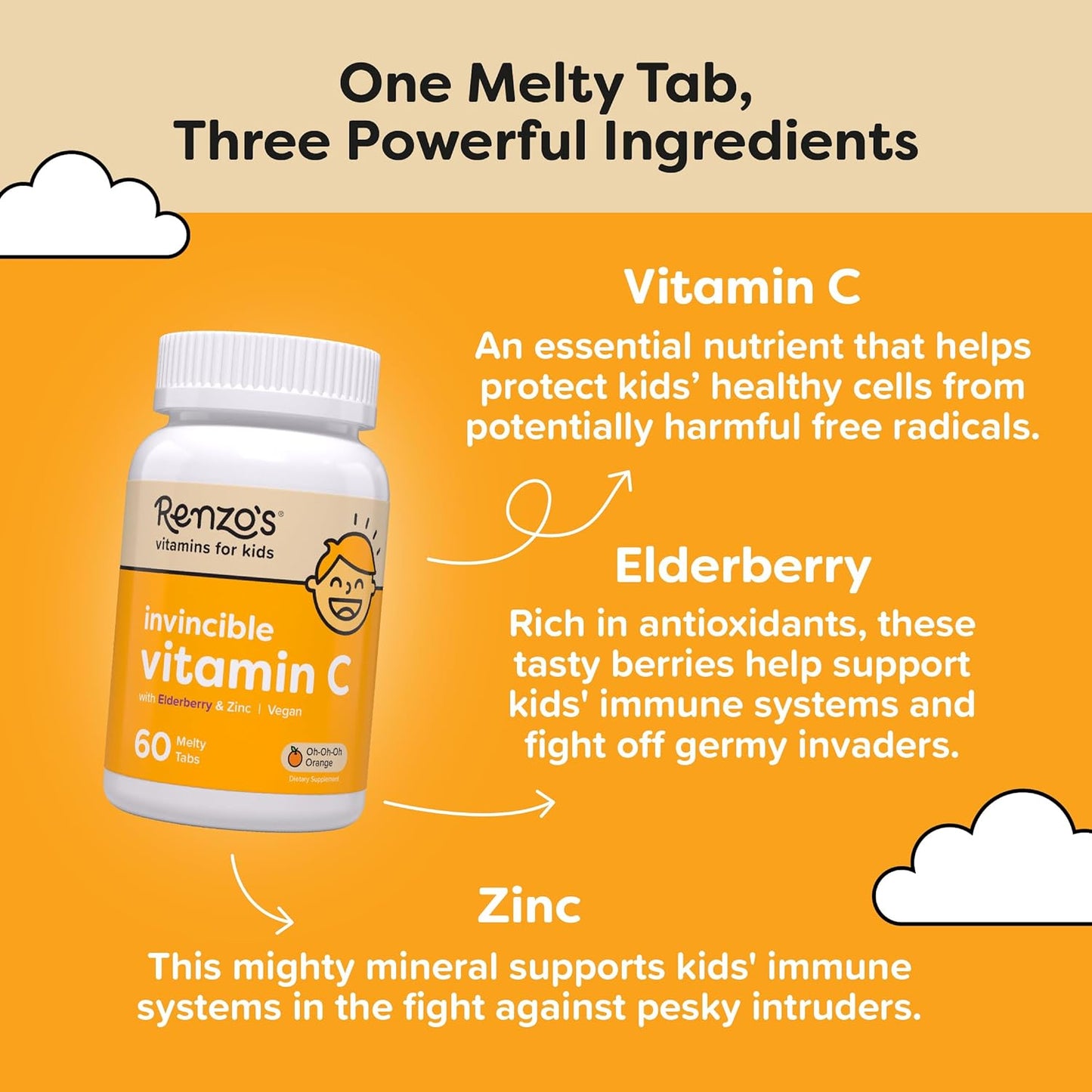 Renzo's Invincible Vitamin C for Kids with Elderberry & Zinc -60  Melty Tabs
