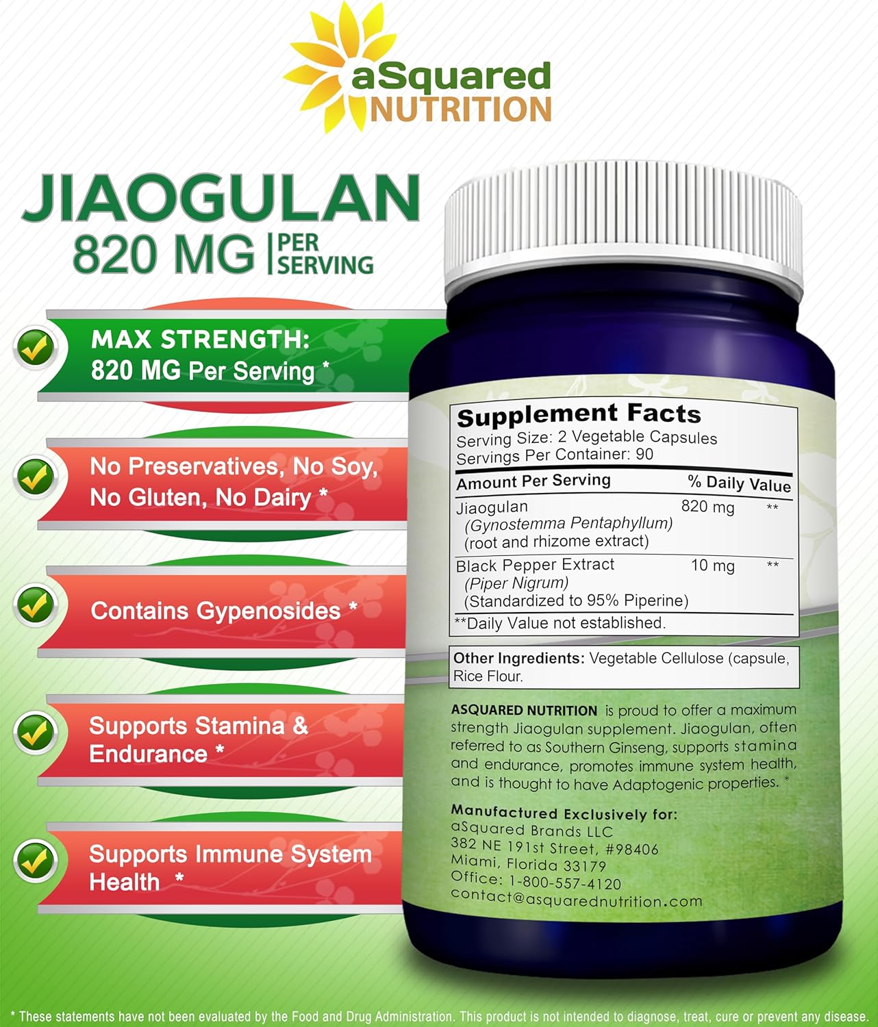 aSquared Nutrition Jiaogulan Supplement-180 Capsules