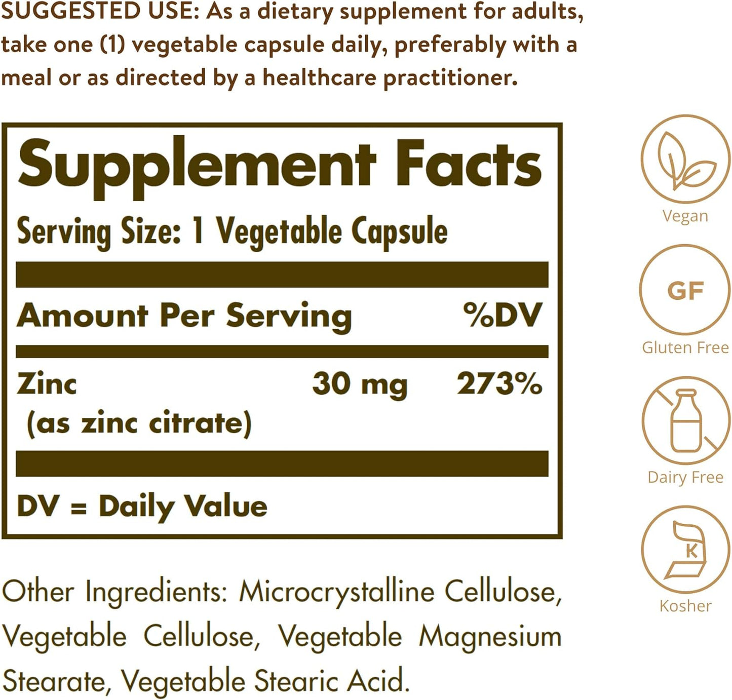 Solgar Zinc Citrate Vegetable Capsules, 100 Count,