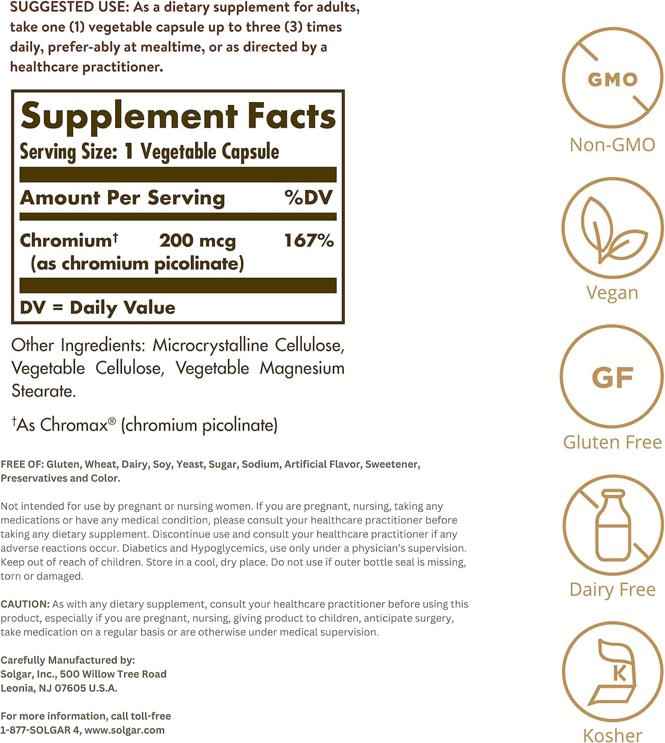 Solgar Chromium Picolinate 200 mcg, 180 Vegetable Capsules