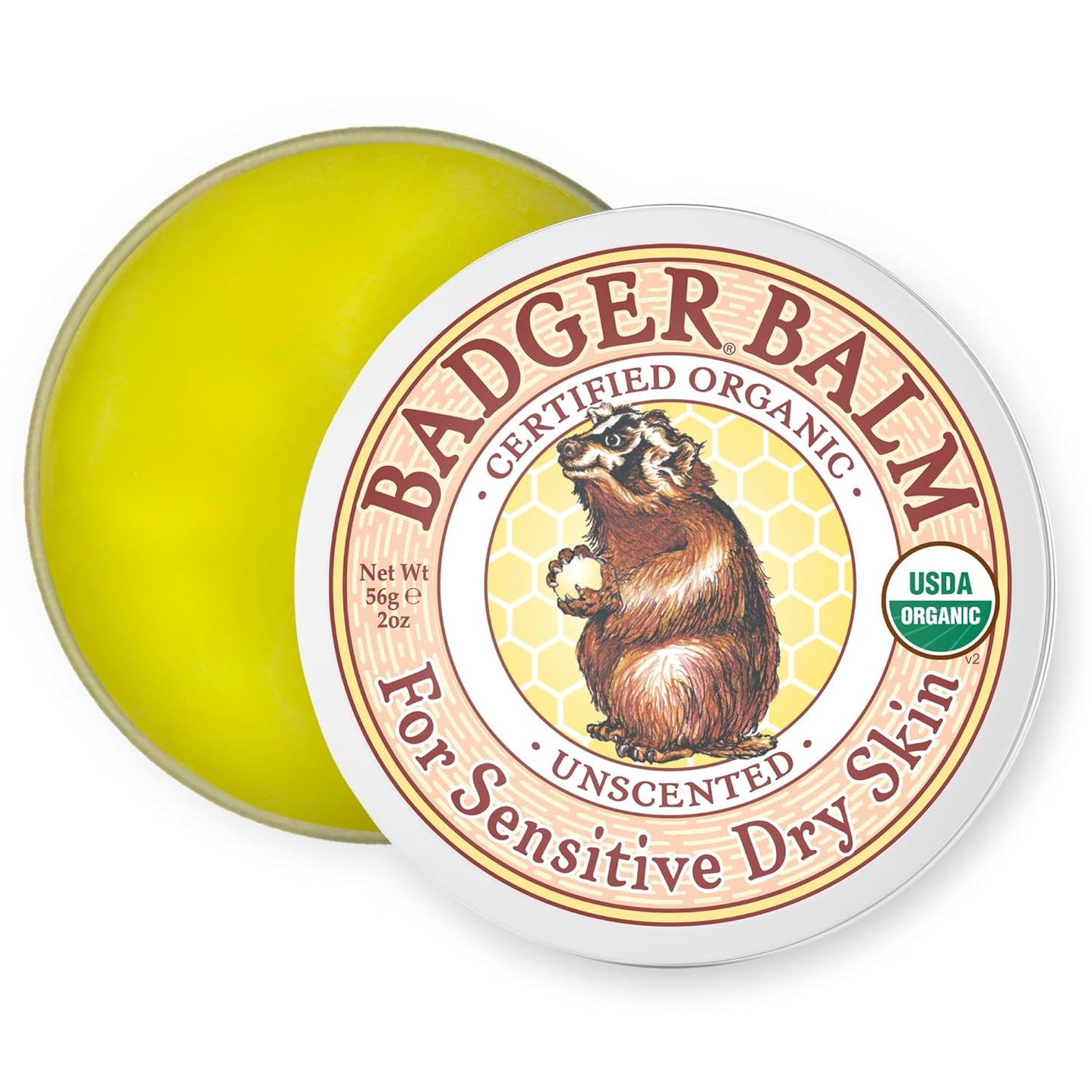Badger Balm Unscented, 100% Organic Olive Oil & Beeswax - 2 oz Tin