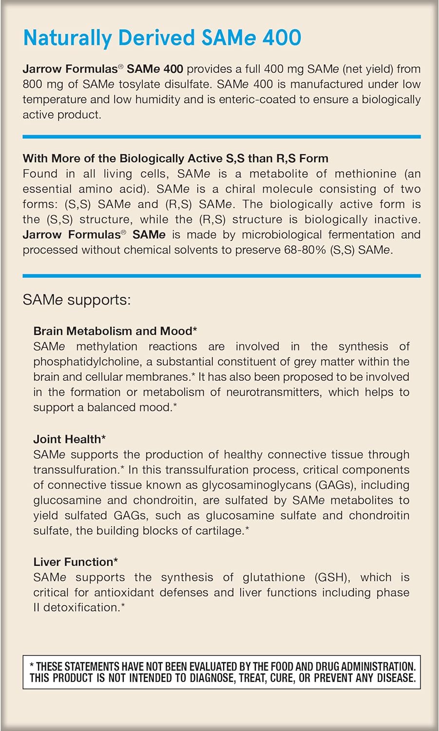 Jarrow Formulas SAMe 400 mg Extra Strength Vegan Naturally Derived SAMe 60 Tablets