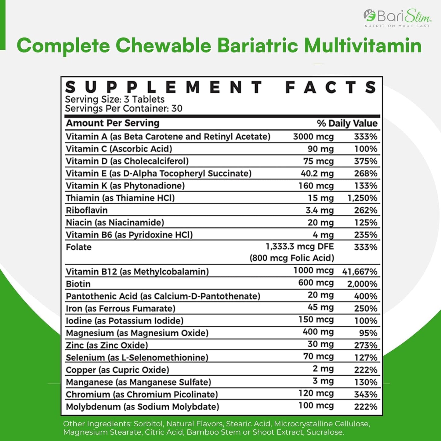 BariSlim Complete Chewable Bariatric Multivitamin Tablets  45 mg Iron 90 Count