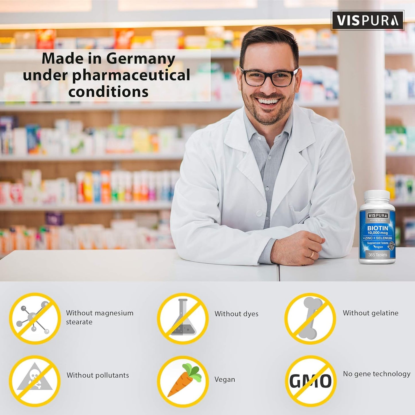 Biotin 10000 mcg + Zinc + Selenium, Pure, Vegan & Extra Strong -365 tablets