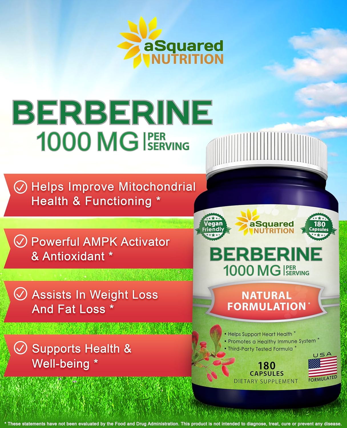 aSquared Nutrition Pure Berberine 1000mg Supplement - 180 Veggie Capsules