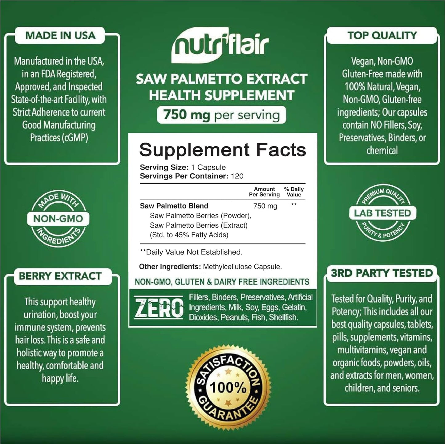 NutriFlair Saw Palmetto Extract 750mg, 120 Capsules